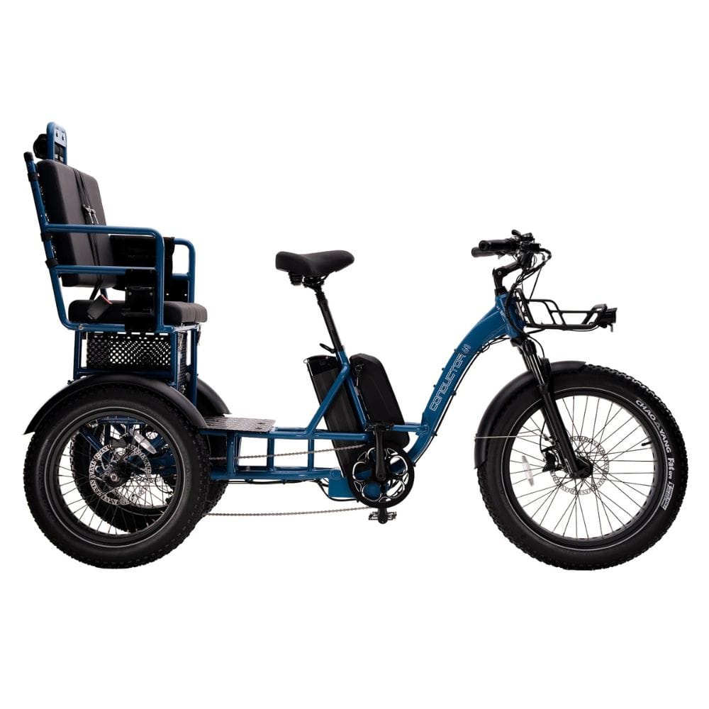 Blue electric tricycle with a wheelchair attachment on a white background