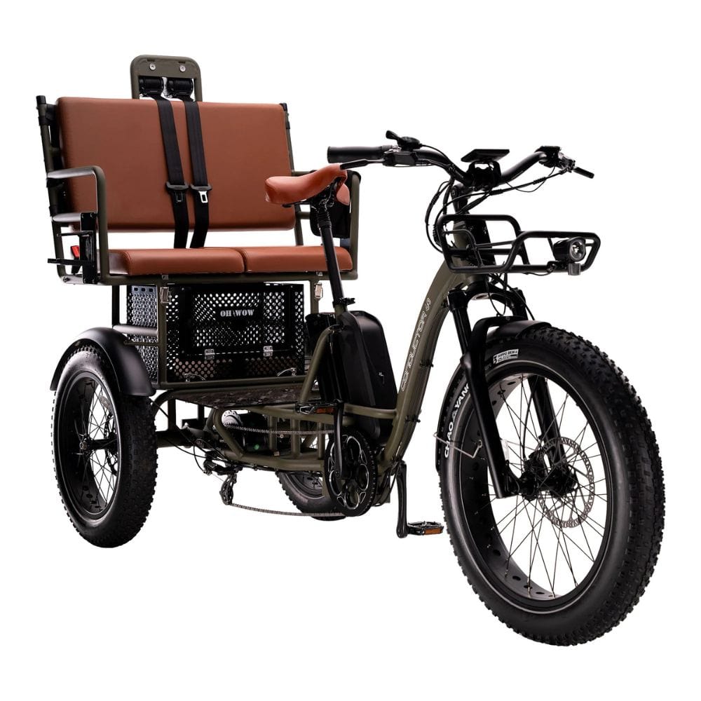 Electric tricycle with a brown seat on a white background
