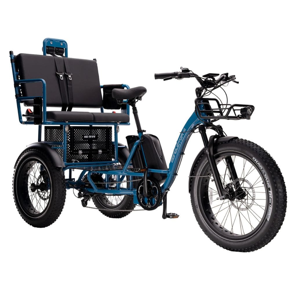 Blue electric tricycle with a large seat on a white background