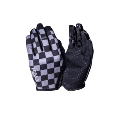 Pair of gloves with checkered pattern on one and black textured pattern on the other, on a white background.