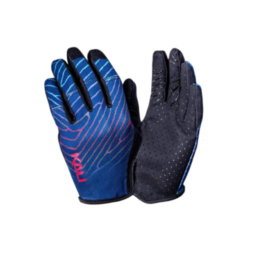 Pair of blue and black gloves with a brand logo on a white background