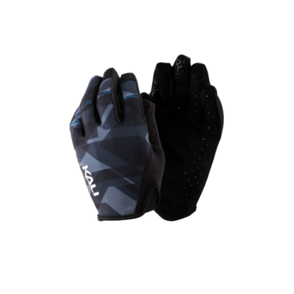 Pair of gloves with one black and gray patterned and the other black, on a white background.