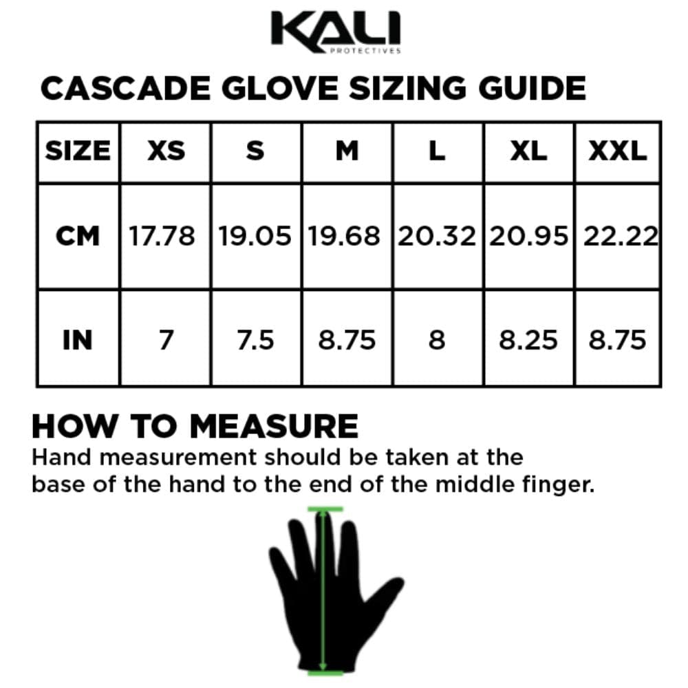 Kali Protective Gloves Sizing Guide with measurement chart and instructions.