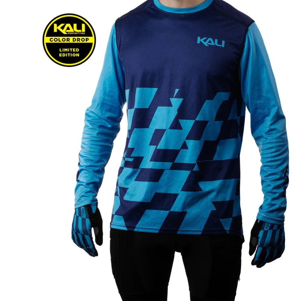 Blue and black patterned long-sleeve shirt with gloves on a white background, featuring Kali branding.