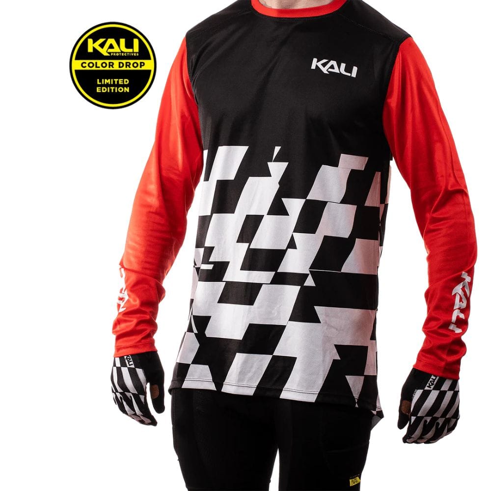 Kali jersey with geometric pattern and gloves on a white background