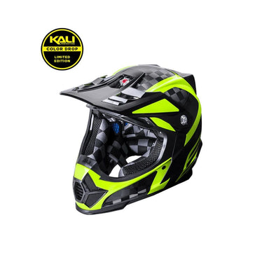 Black and neon green Kali helmet on a white background