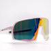 Sunglasses with colorful reflective lenses on a white background