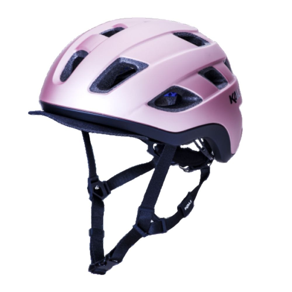 Pink helmet with black straps on a white background
