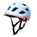 Light blue and pink helmet with black straps on a white background