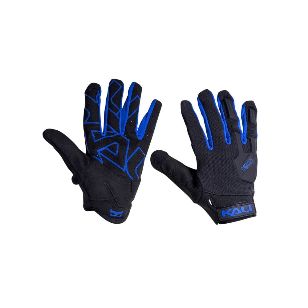 Pair of black gloves with blue accents on a white background