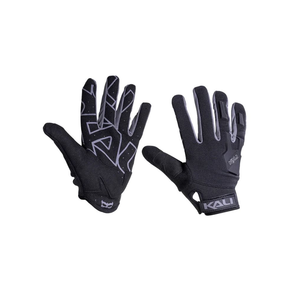 Pair of black gloves with gray accents on a white background