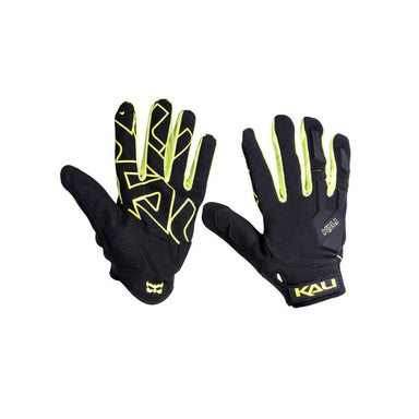 Black gloves with yellow accents and 'Kali' branding on a white background
