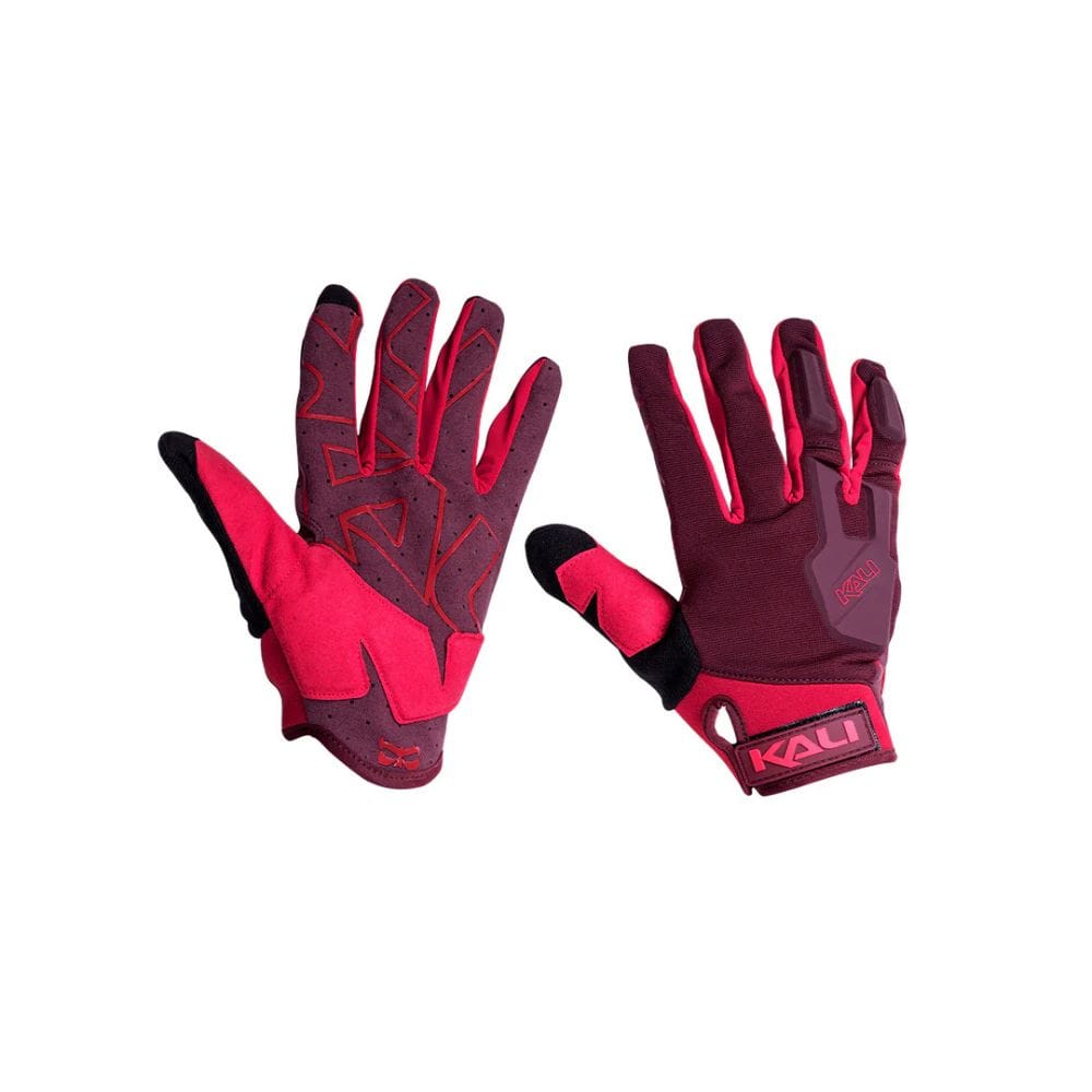 Pair of red and black gloves with Kali branding on a white background